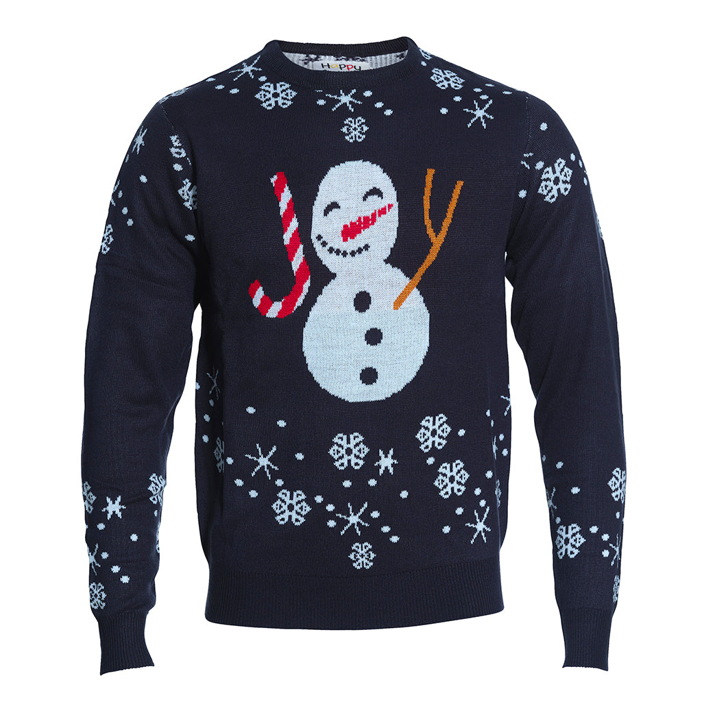 Un maglione natalizio blu con pupazzo di neve e fiocchi di neve.